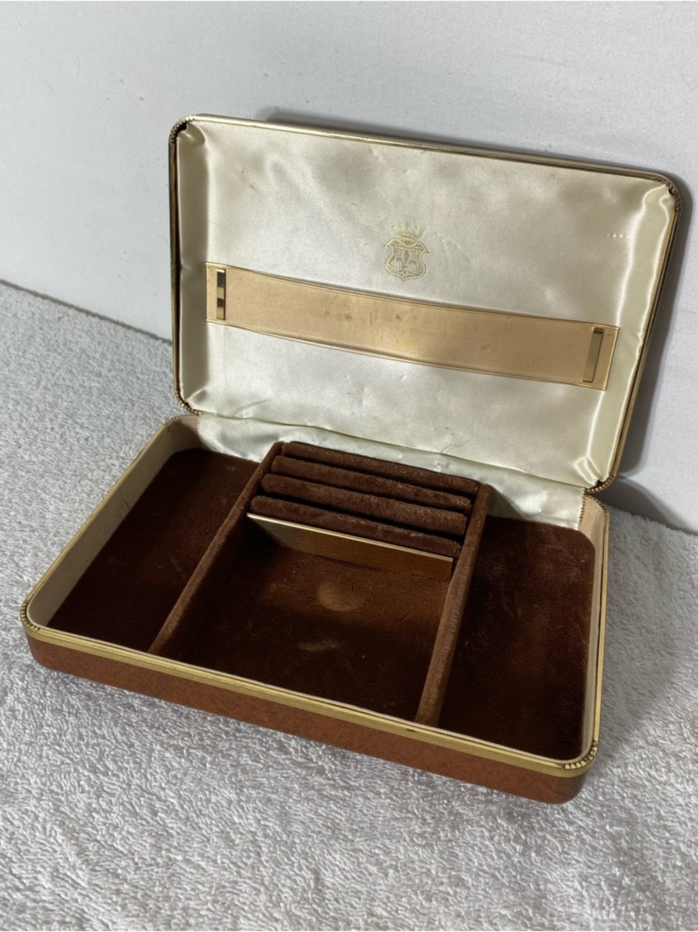 Vintage MCM Swank Grand Prix Brown Leatherette Jewelry Box Valet Case